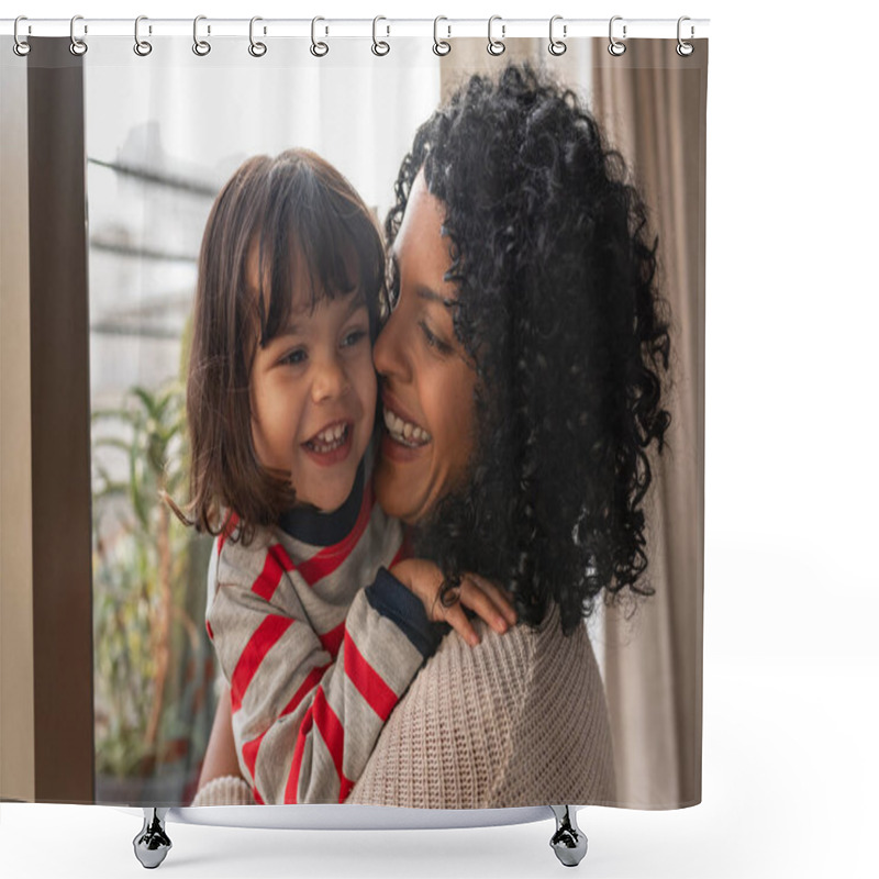 Personality  Smiling Mother Hugging Her Adorable Little Daughter While Standing Together By A Living Room Window At Home Shower Curtains