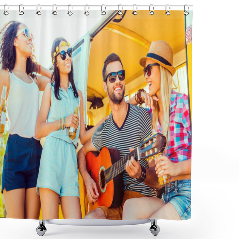 Personality  Man Sitting At Minivan And Playing Guitar With Three Girls Shower Curtains