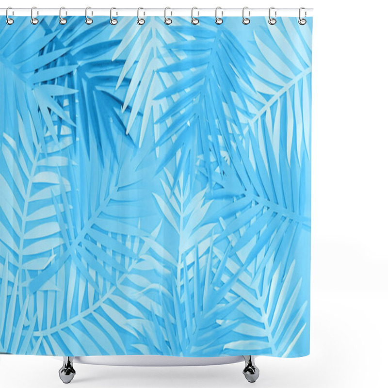 Personality  Top View Of Paper Leaves On Blue Minimalistic Background Shower Curtains