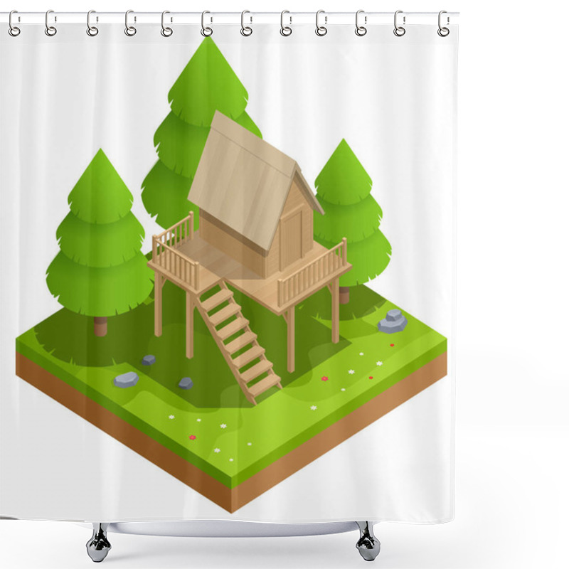 Personality  Isometric Wooden House In The Forest On The Background Of Fir Trees. Summer Family Vacation. Tree House In The Evening Garden Shower Curtains