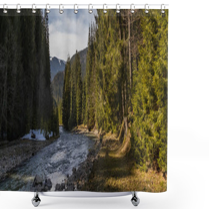 Personality  River And Spruce Forest With Mountains At Background, Banner  Shower Curtains