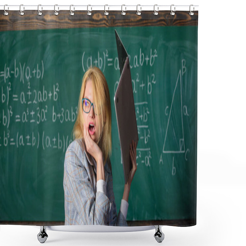 Personality  Teacher Woman Raising Laptop Above Herself Ready To Destroy. Overstrain Of The Nervous System. Working Conditions Of Teachers Causes Nervous Disease. She Needs Pills To Keep Calm And Mental Health Shower Curtains