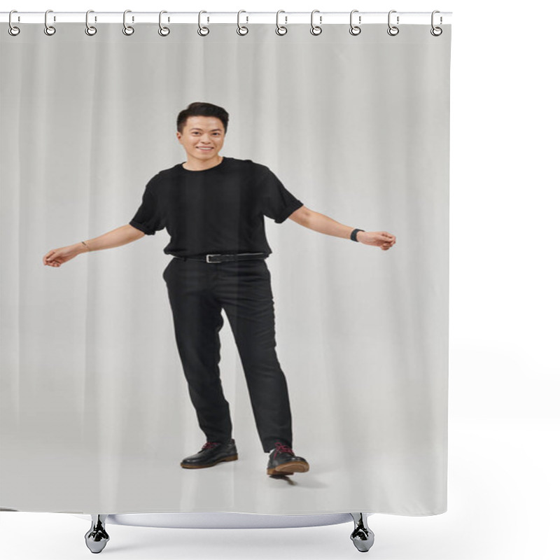 Personality  A Fashionable Young Man In A Black Shirt And Pants Posing Dynamically In An Elegant Setting. Shower Curtains