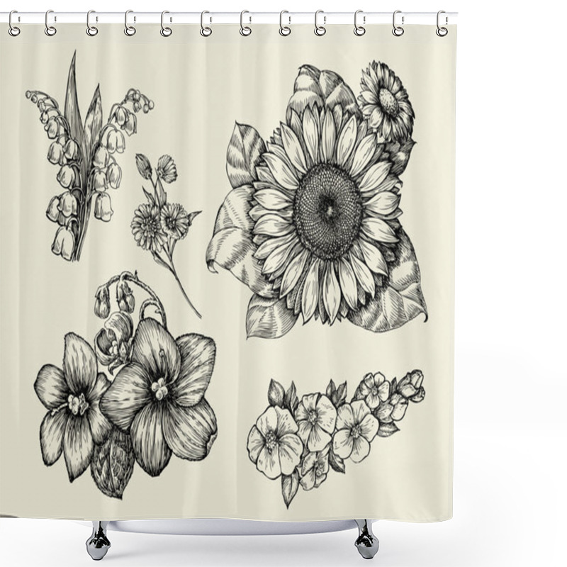 Personality  Flowers. Hand Drawn Sketch Flower, Sunflower, White Lily, Violet. Vector Illustration Shower Curtains