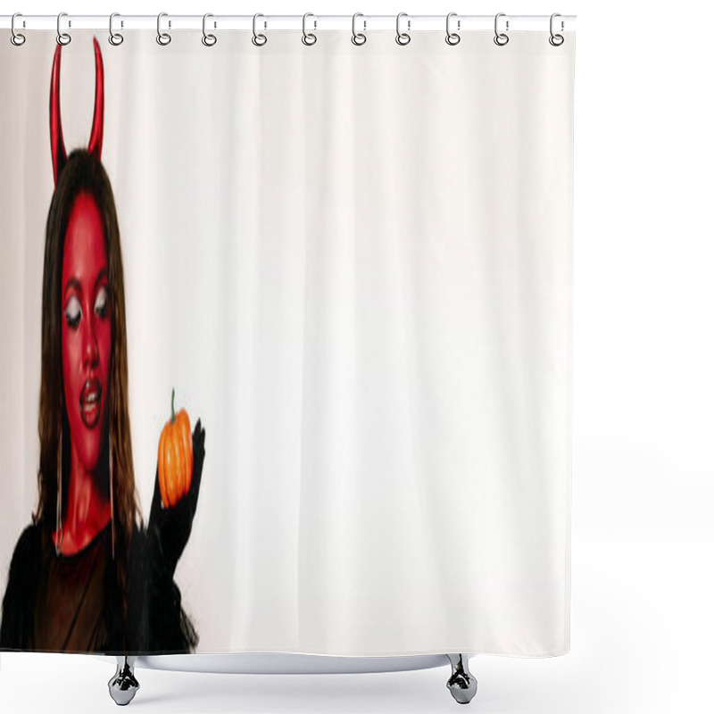 Personality  The Stylish Woman In A Devil Costume Displays Her Halloween Spirit With A Pumpkin. Shower Curtains