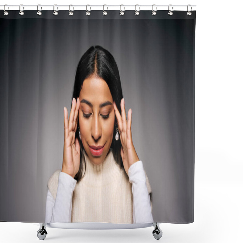 Personality  The Beautiful Woman Appears Introspective, Lightly Touching Her Temples In A Serene Moment. Shower Curtains