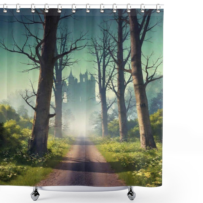 Personality  A High-resolution Digital Artwork Of A Mystical Forest Pathway Leading To An Ancient, Fog-shrouded Castle. The Path, Composed Of Earthy Dirt And Strewn With Faint Traces Of Footprints, Winds Through Lush Greenery And Wildflowers. The Gnarled Shower Curtains