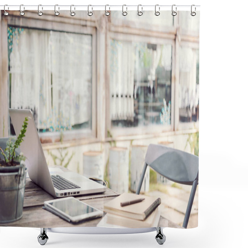 Personality  Outdoor Work Table With Laptop Computer, Tablet, Phone, And Othe Shower Curtains