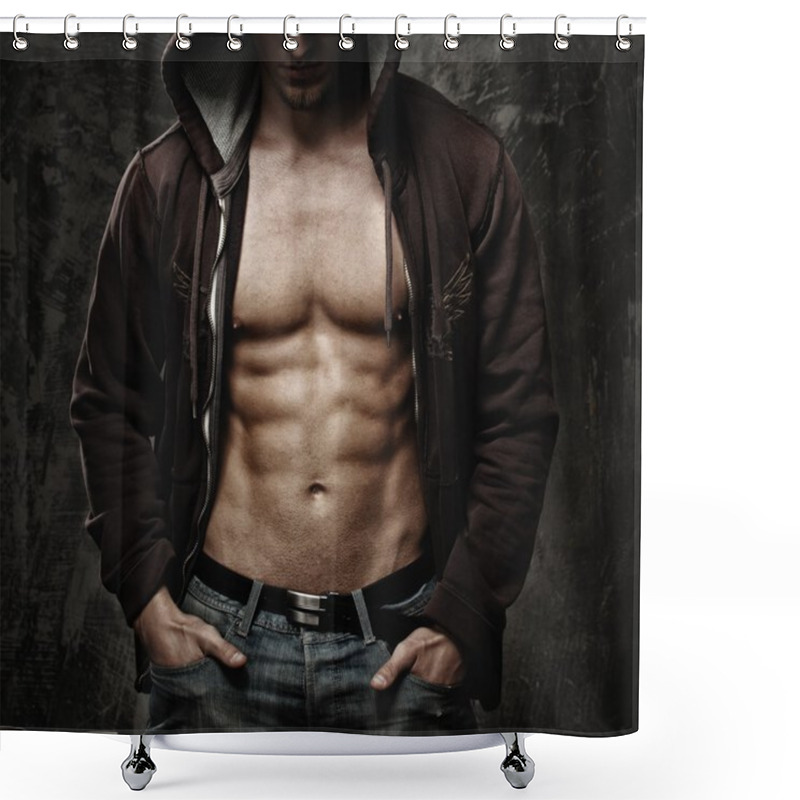 Personality  Stylish Man With Muscular Torso Wearing Hoodie  Shower Curtains