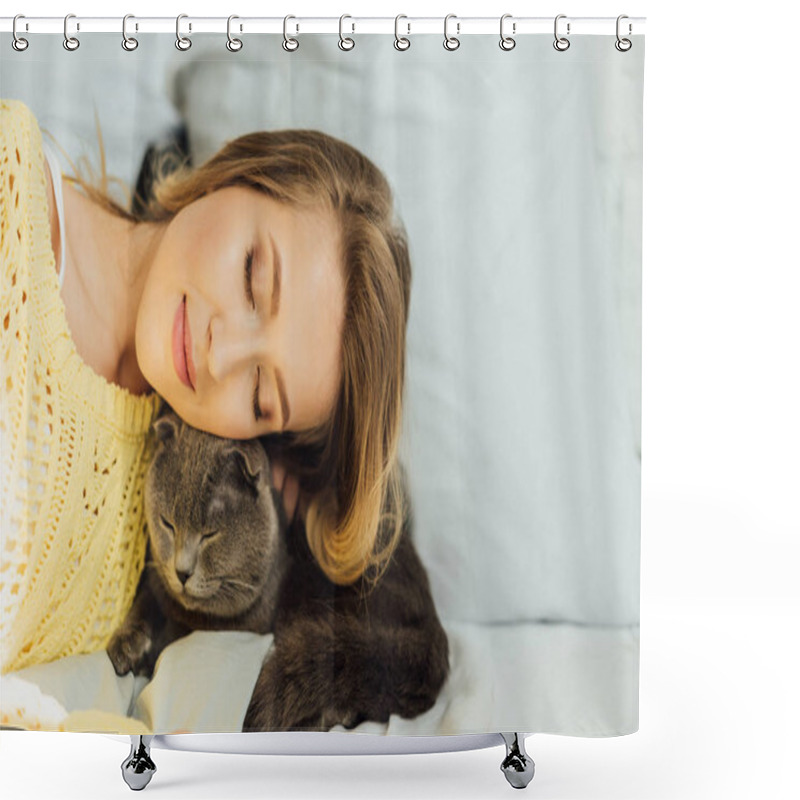 Personality  Beautiful Young Woman With Eyes Closed Lying In Bed With Adorable Scottish Fold Cat Shower Curtains