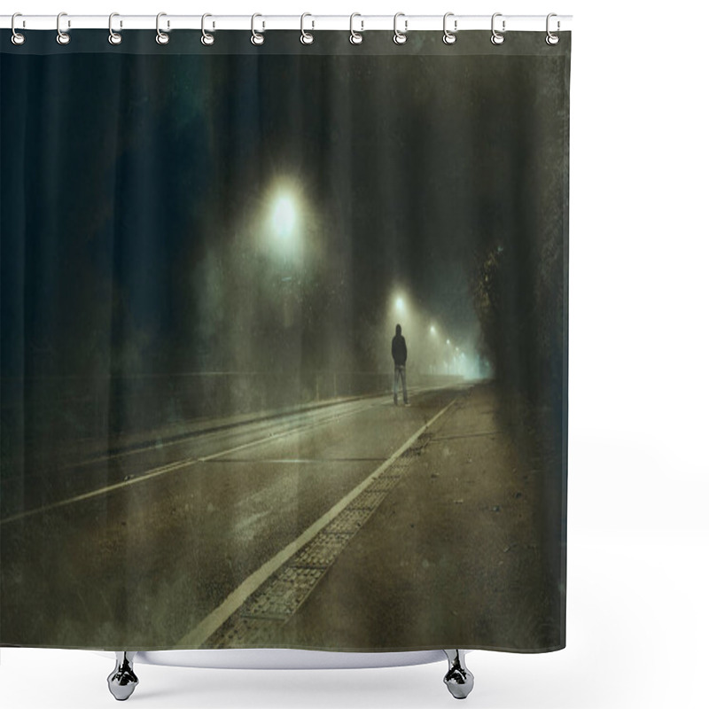 Personality  A Hooded Figure Standing In The Middle Of The Road At Night. With A Blurred, Abstract, Grunge Edit Shower Curtains