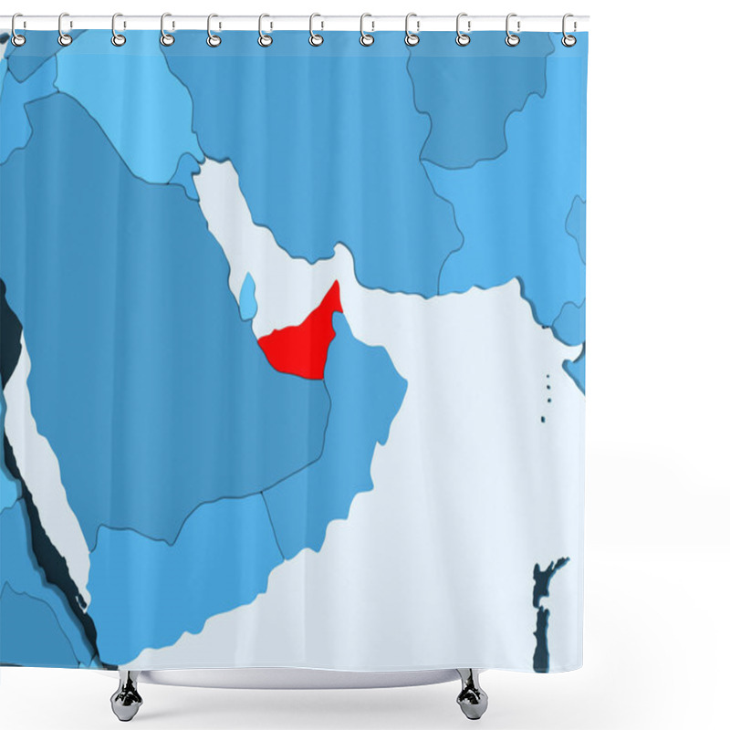 Personality  United Arab Emirates In Red On Blue Political Map With Transparent Oceans. 3D Illustration. Shower Curtains