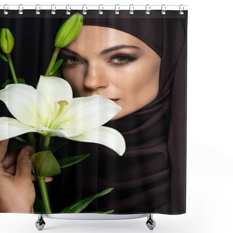 Personality  Beautiful Muslim Woman In Hijab With Smoky Eyes Holding Lily Isolated On Black Shower Curtains