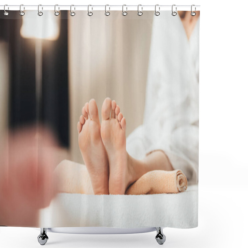 Personality  Selective Focus Of Adult Woman Lying On Beige Towel In Spa  Shower Curtains