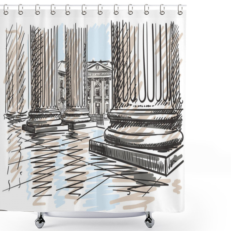 Personality  Sketch Of Town Hall Of Paris 5th Arrondissement Seen From Pantheon Colonnade, Hand Drawn Vector Illustration Shower Curtains