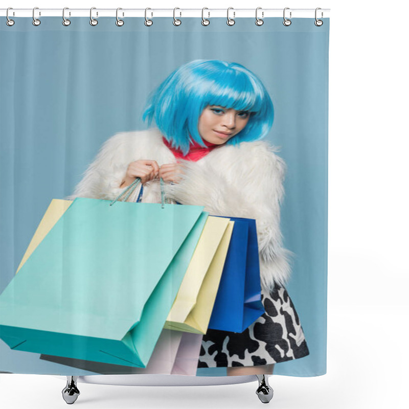 Personality  Young Asian Woman In Bright Wig Holding Shopping Bags Isolated On Blue  Shower Curtains