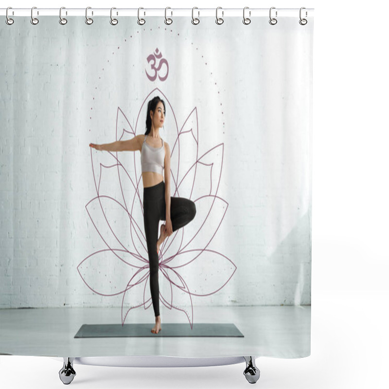 Personality  Attractive Asian Woman Doing Yoga Exercise Near Lotus Flower On White  Shower Curtains