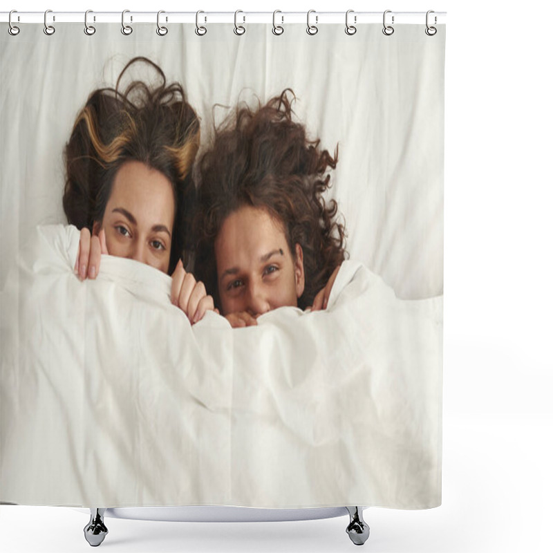 Personality  Cropped Faces Of Couple Look From Blanket On Bed Shower Curtains