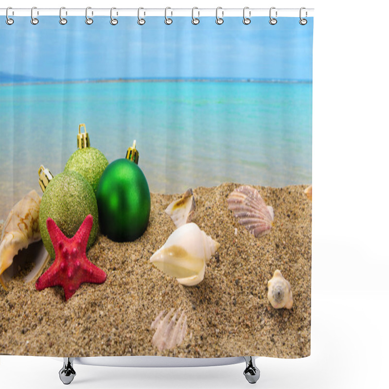 Personality  Christmas Balls And Shells On Sand With Summer Sea Background  Shower Curtains