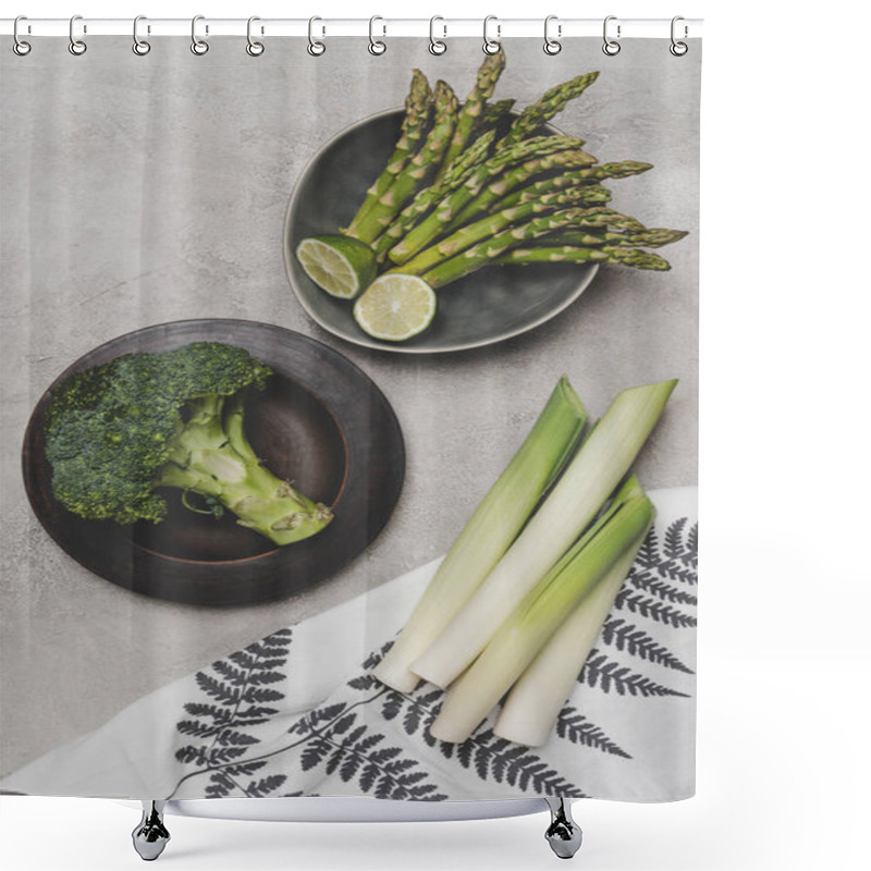 Personality  Top View Of Fresh Healthy Green Vegetables On Plates And Napkin On Grey Shower Curtains