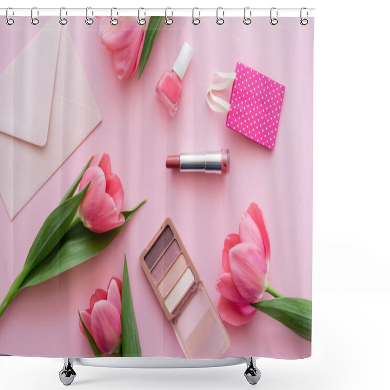 Personality  Top View Of Blooming Tulips Near Decorative Cosmetics And Envelope On Pink Shower Curtains