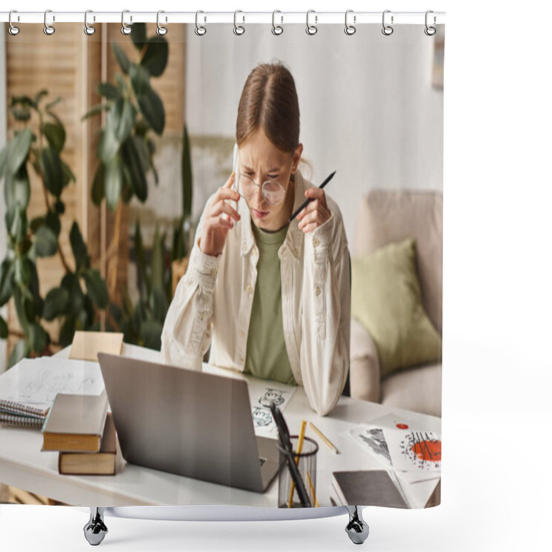 Personality  Teenage Girl Talking On Smartphone And Looking At Laptop Near Her Sketch Drawing On Desk Shower Curtains