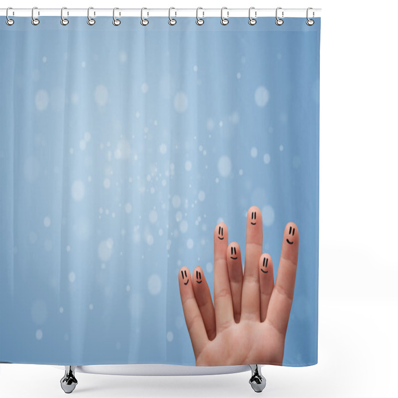 Personality  Happy Finger Smileys With Empty Blue Bokeh Background Shower Curtains