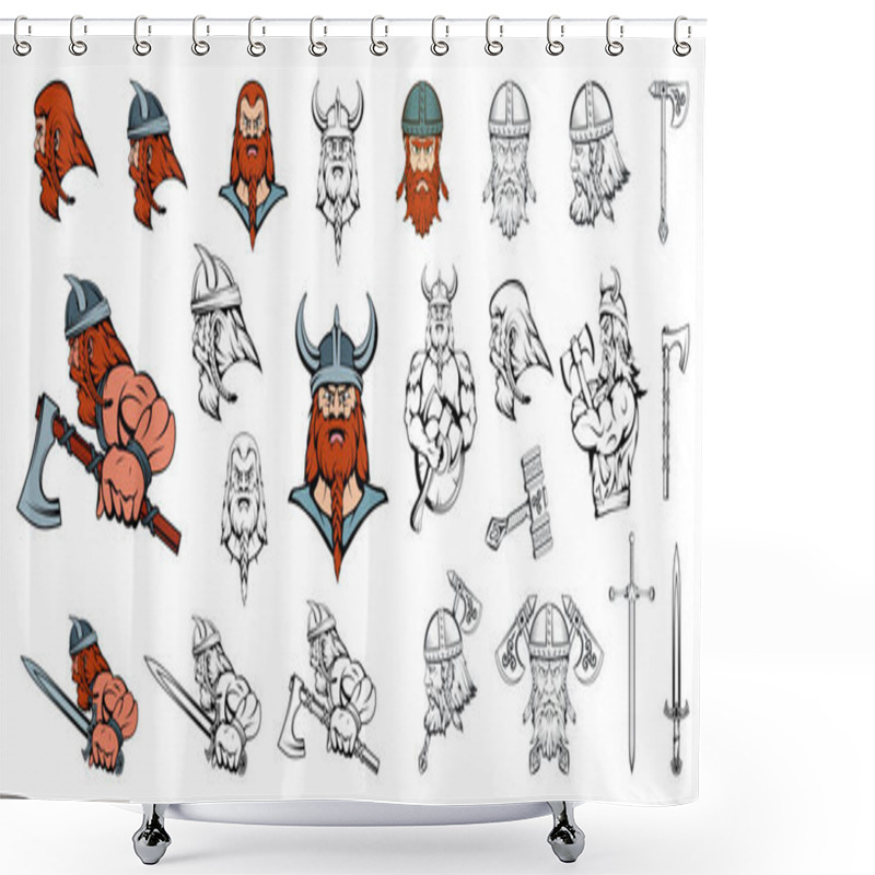 Personality  Set Of Scandinavian Vikings In Different Poses. Scandinavian Warriors With A Traditional Weapon. Team Mascot. Scandinavian Vikings With An Ax, Knife, And Sword In His Hand. Vector Graphic To Design Shower Curtains