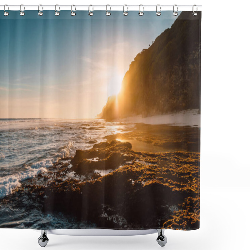 Personality  Beach With Ocean Waves And Sunshine Light At Sunset Or Sunrise Shower Curtains