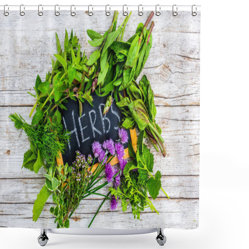 Personality  Fresh Herbs On Wooden Background. Shower Curtains