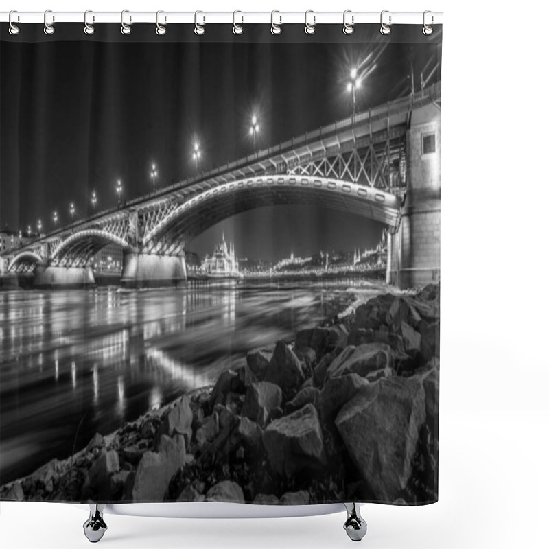 Personality  Chain Bridge In Budapest With The Parliament At Night In Black And White Shower Curtains