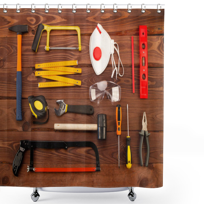 Personality  Construction Tools And Equipment On Beautiful Brown Wood Planks Background. Basic Home Repair Hand Tools Every Home Should Have. Close Up. Top View Shower Curtains