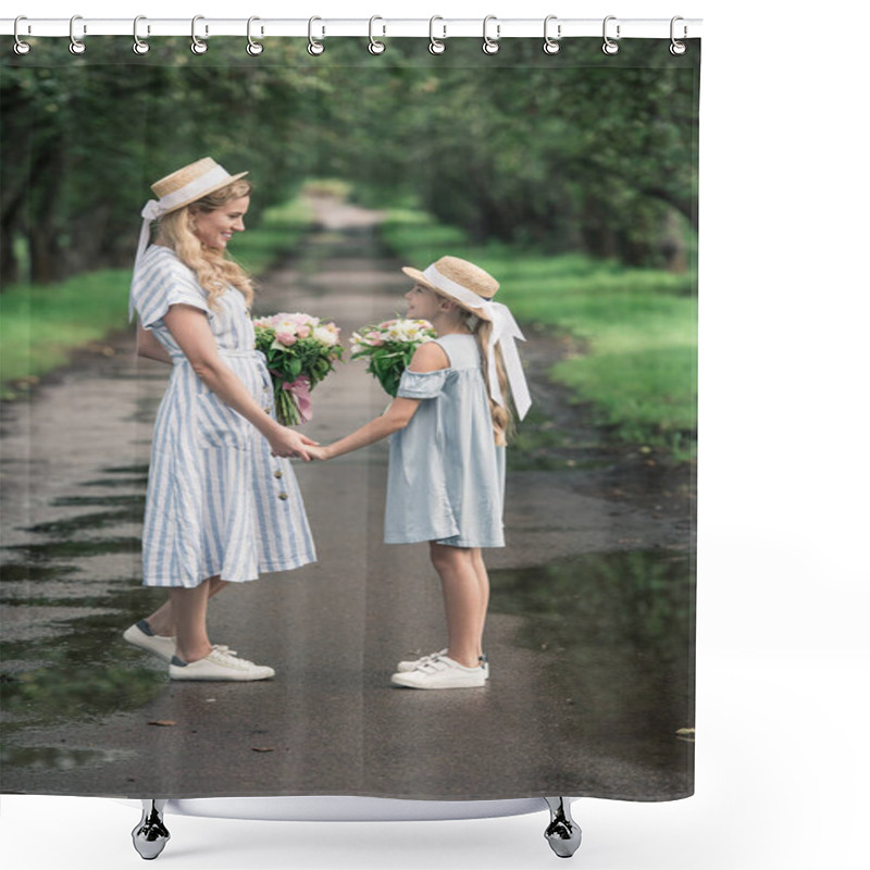 Personality  Beautiful Mother And Daughter In Straw Hats With Flower Bouquets Holding Hands And Standing On Path In Park Shower Curtains