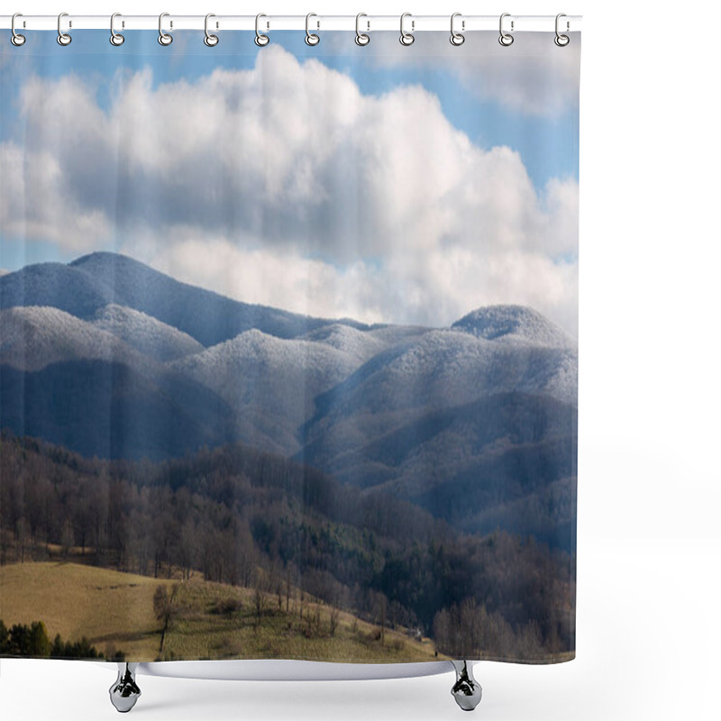 Personality  Dramatic View Of Snow Covered Appalachian Mountains Under Blue Sky In Virginia. Shower Curtains