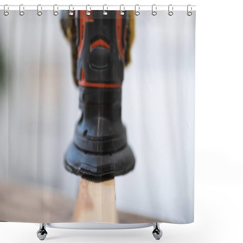 Personality  Close Up View Of Blurred Electric Sander On Wooden Board At Home  Shower Curtains