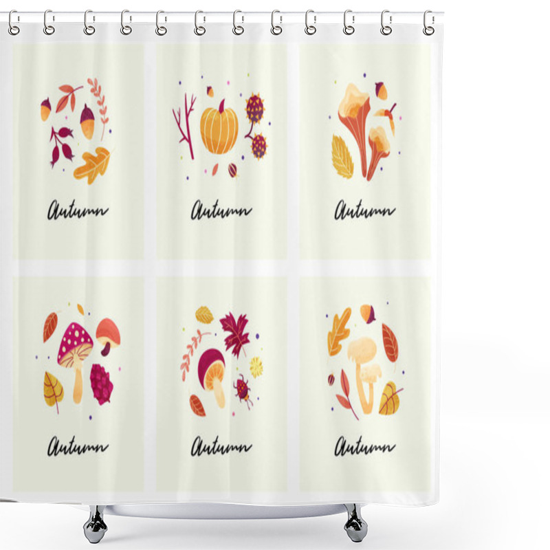 Personality  Autumn Mood Cards With Autumn Compositions Of Leaves, Mushrooms, Twigs, Beetles And Seeds.  Shower Curtains