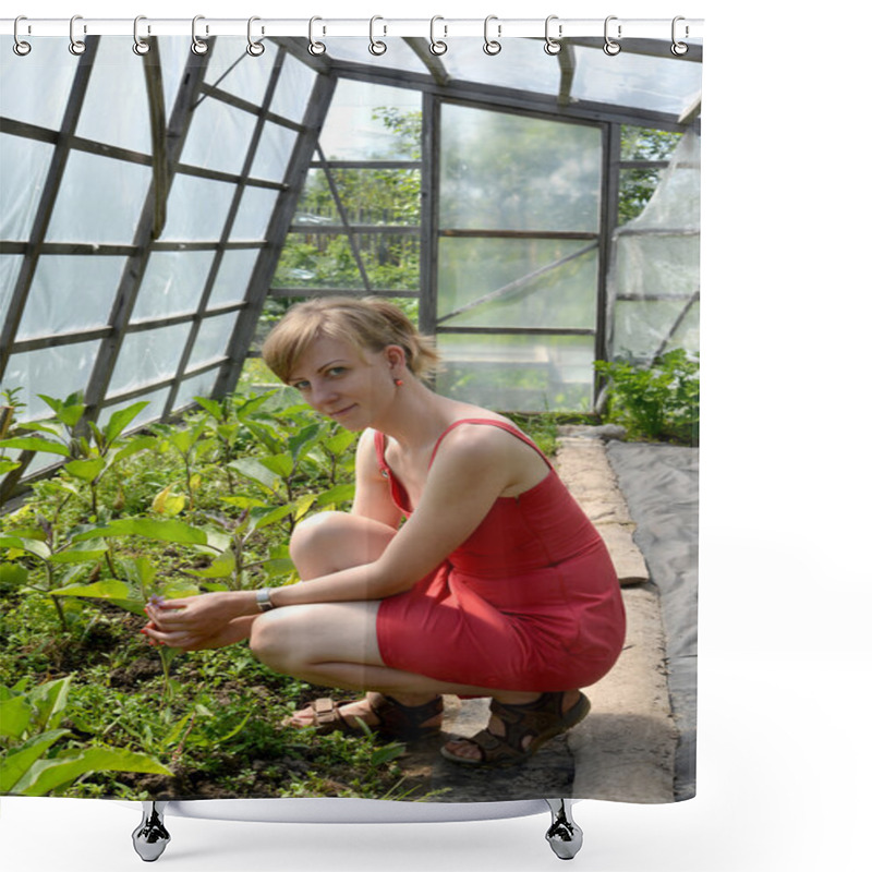 Personality  The Young Woman In The Greenhouse With Eggplants Shower Curtains