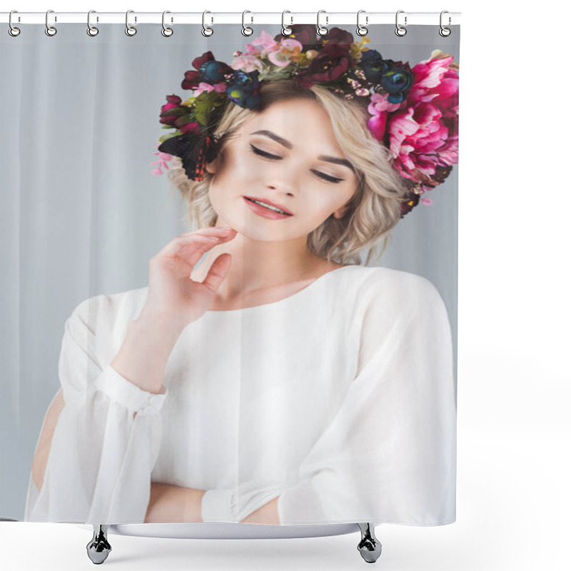 Personality  Smiling Tender Girl Posing In Floral Wreath With Beautiful Butterfly, Isolated On Grey Shower Curtains