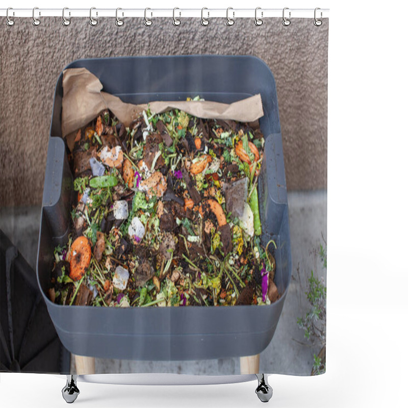 Personality  A Close Up View Of Worms Put Into A New Feeding Tray With Fresh Food And Bedding Material In An Outdoor Vermicomposter. Worm Composter Are A Perfect Solution In An Apartment To Process Food Waste Shower Curtains