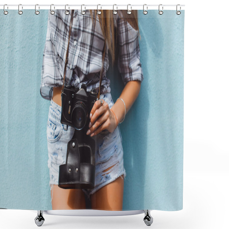 Personality  Hipster Girl With Oldschool Film Camera Shower Curtains