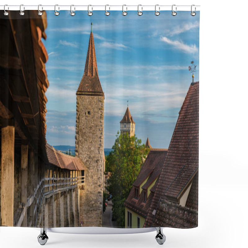 Personality  As The Sun Begins To Set, The Enchanting Towers Of Rothenburg Ob Der Tauber Stand Majestically Against The Vibrant Sky, Rothenburg Ob Der Tauber,Germany Shower Curtains