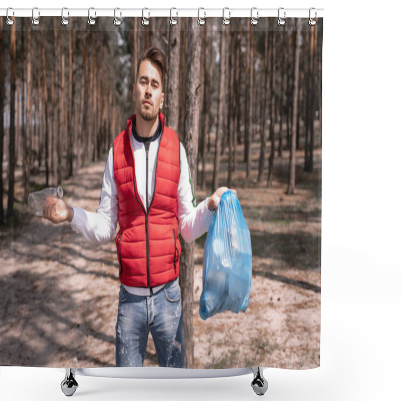 Personality  Young Man Holding Blue Trash Bag And Plastic Bottle In Forest  Shower Curtains