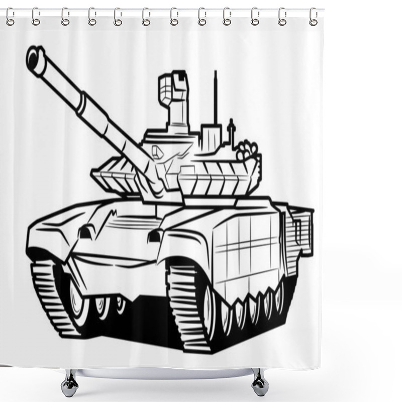 Personality  A Huge Tank With A Raised Muzzle.  Isolated On A White Background.  Tank Illustration For Coloring.Illustration In Ink Hand Drawn Style. Shower Curtains