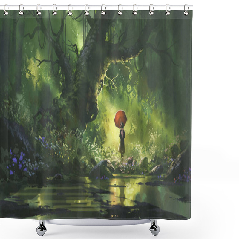 Personality  Mysterious Woman With Umbrella Standing In Forest, Digital Art Style, Illustration Painting Shower Curtains