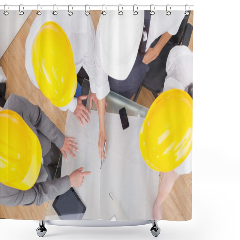 Personality  Team Looking At A Construction Plan With Hard Hats Shower Curtains