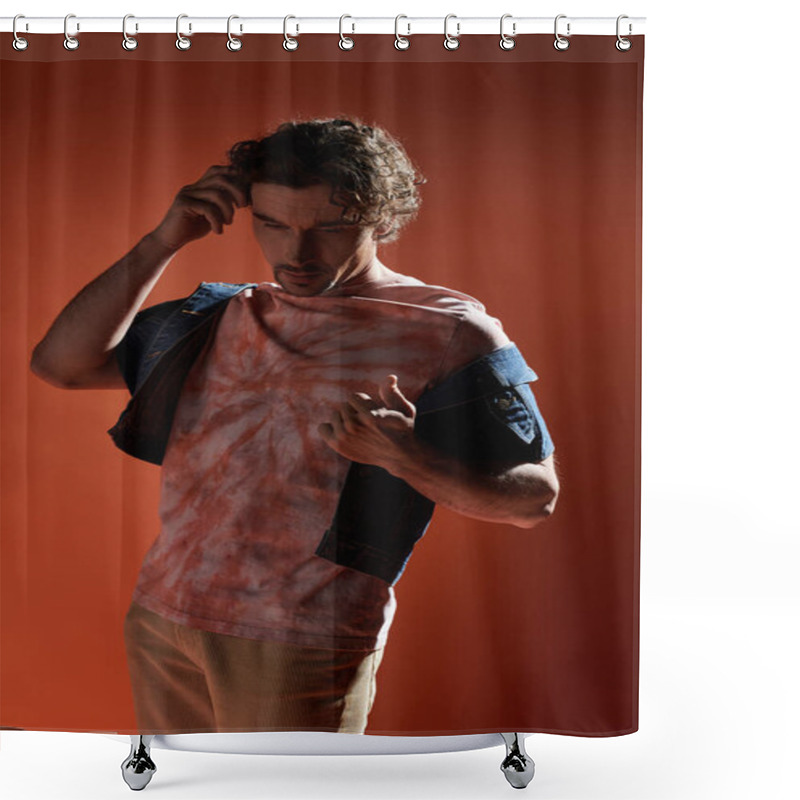 Personality  A Handsome Man Conveys Deep Emotion While Posing Vibrantly. Shower Curtains