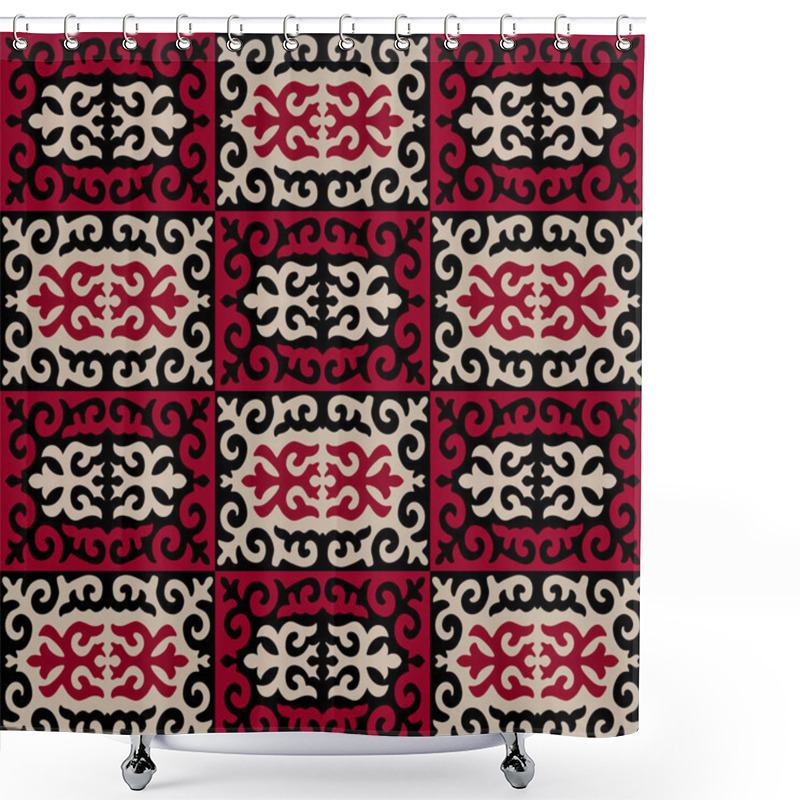 Personality  Seamless Oriental Kazakh, Arabian, Uzbek Style Damask Islamic Muslim Pattern In Red, Black And Beige Colors. Simple Vintage Boho Ornament For Background, Textile Or Wallpapers.  Vector Illustration. Shower Curtains