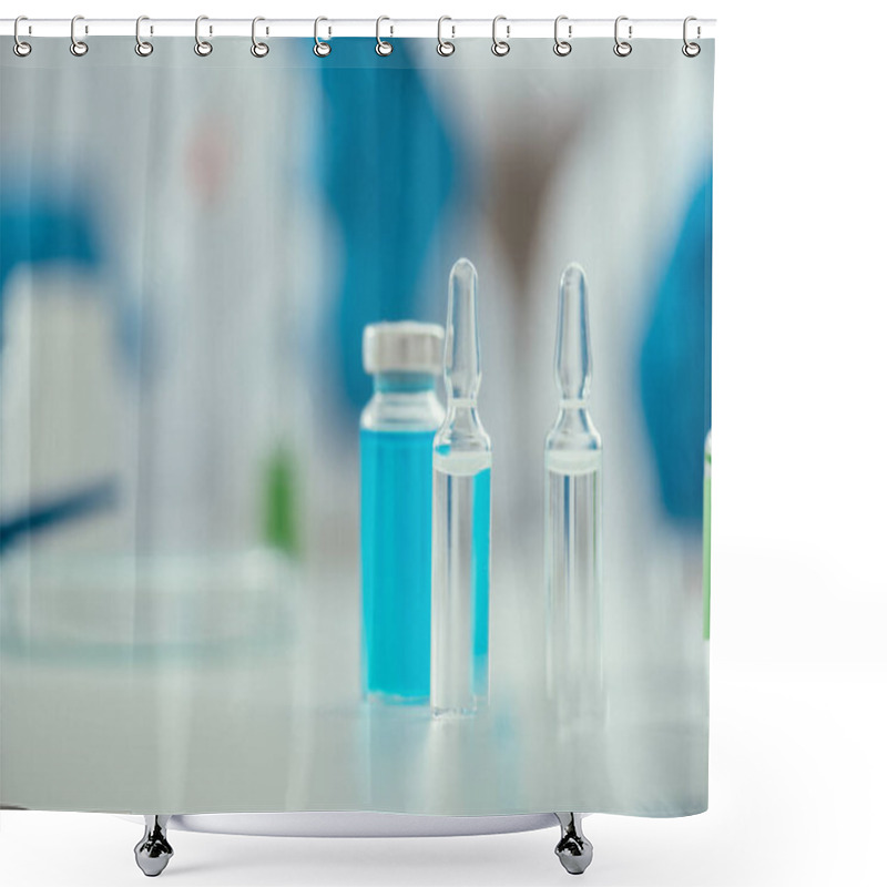 Personality  Selective Focus Of Ampules Near Glass Container With Medicine, Covid-19 Concept Shower Curtains