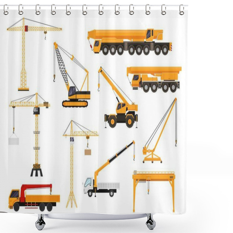 Personality  Set Of Construction Cranes In Flat Style. Trucks With Cranes, Crawler Tractors And Cars With Cranes Vector Illustration. Construction Transport Vehicles Isolated On White Background Shower Curtains