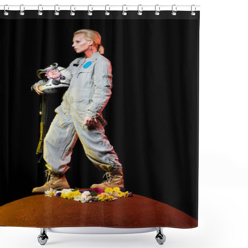 Personality  Beautiful Spacewoman In Spacesuit With Flowers And Helmet Standing On Red Planet  Shower Curtains